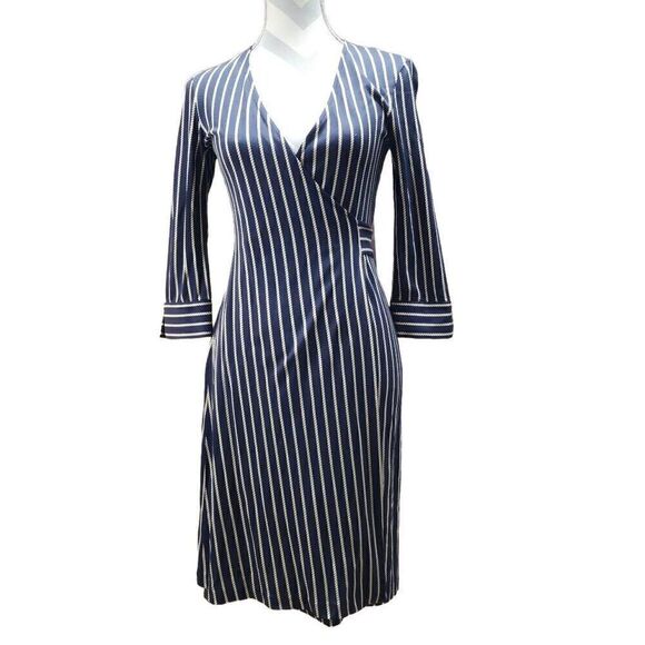 Diane von Furstenberg Size 2 100% Silk Knee-Length Fauz Wrap Striped Dress A - Picture 1 of 4